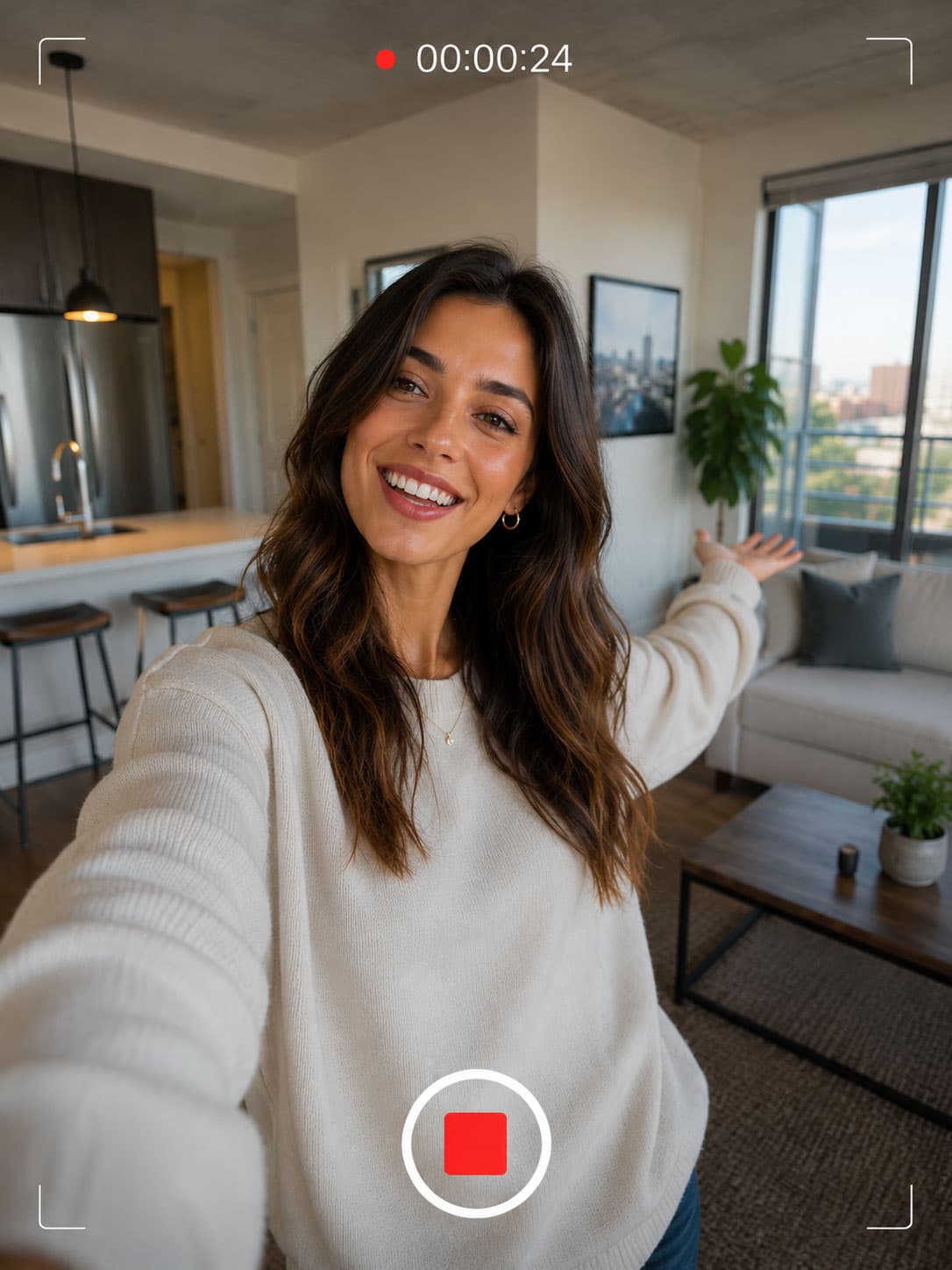 A resident recording a 60-second video story from her apartment